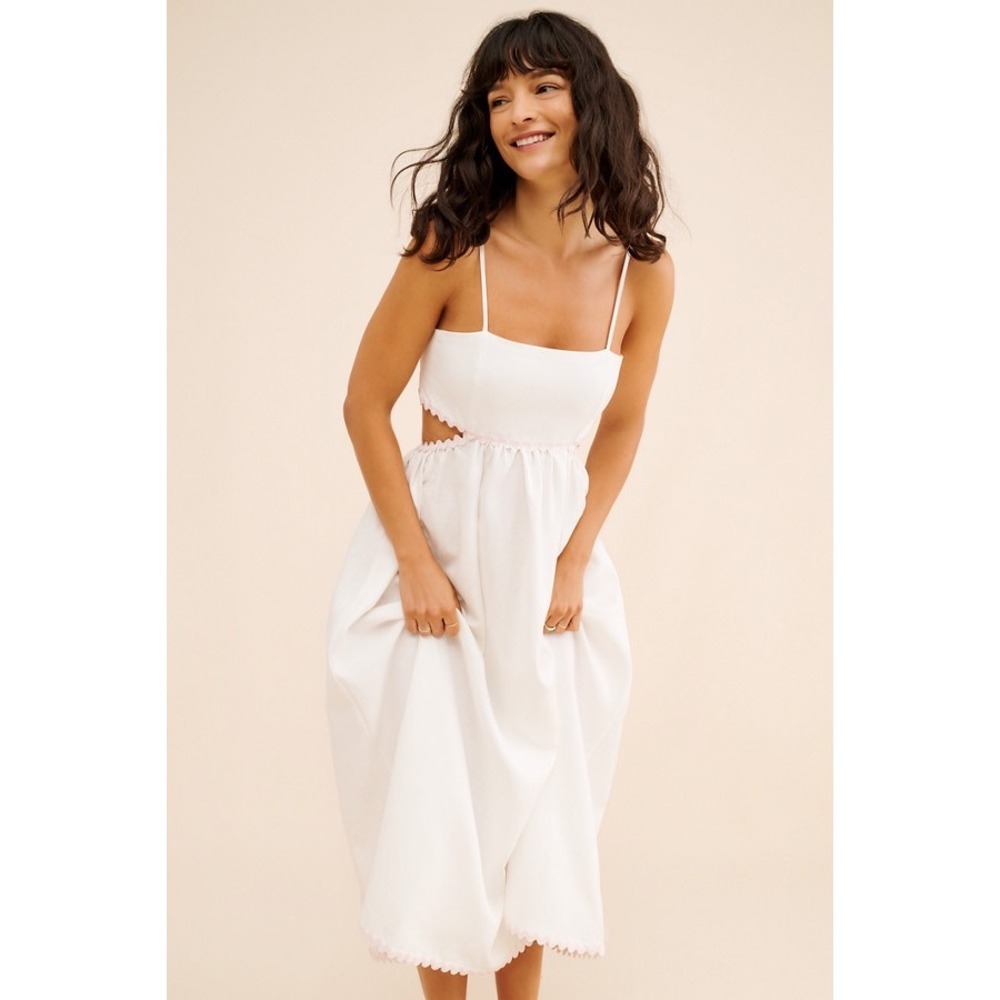 Rachel Parcell White Linen Blend Cut-Out Midi Dress with Pink Scallop Trim 10